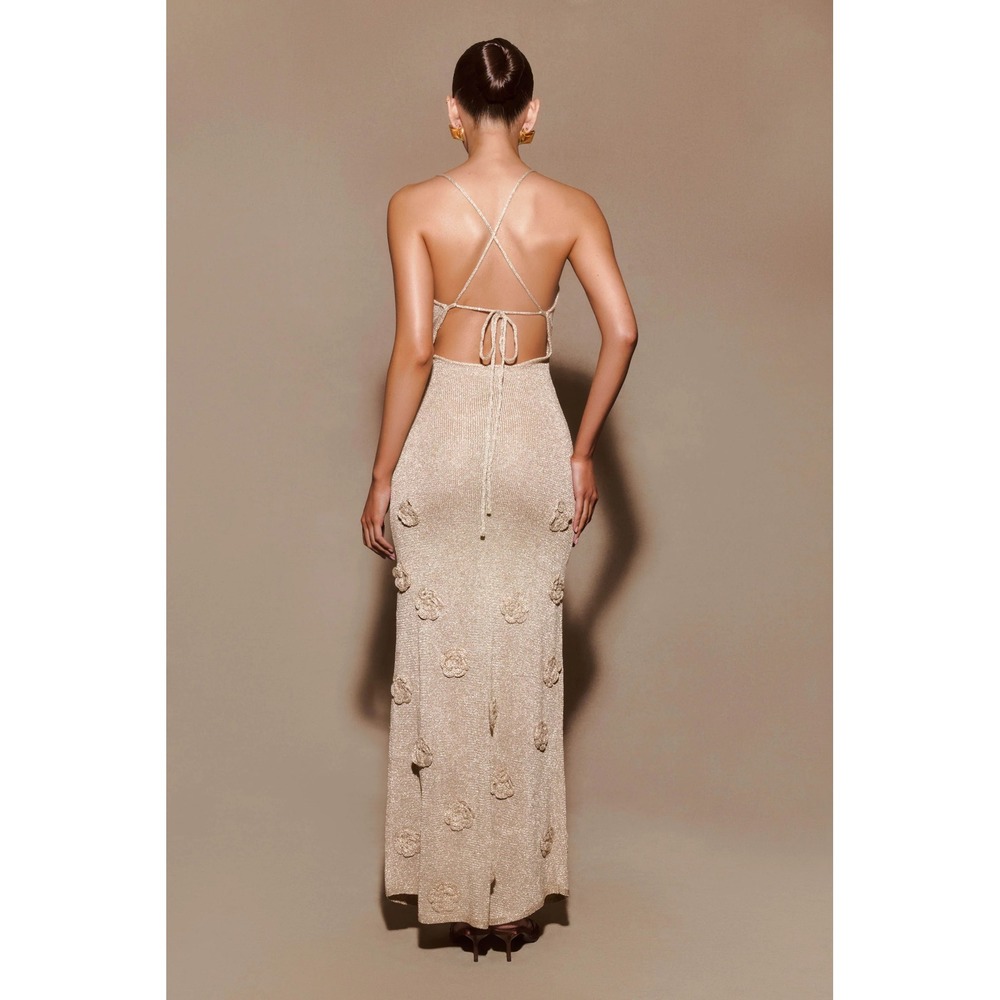Meshki Suki Metallic Knit Maxi Dress Women Gold 3D Floral Applique SIZE S - Picture 3 of 9